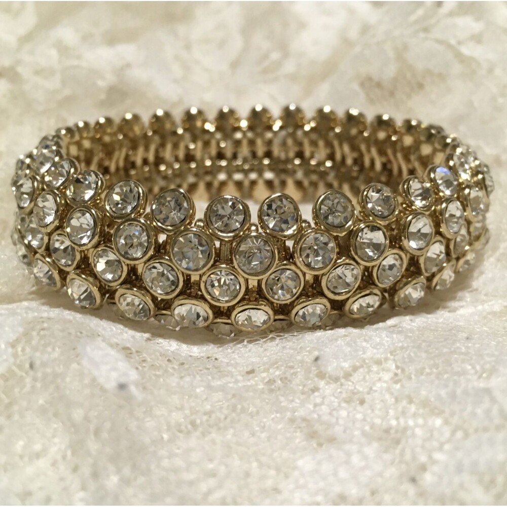 Rhinestone Stretch Bracelet Chunky Bezel Set Gold Tone Clear Stones